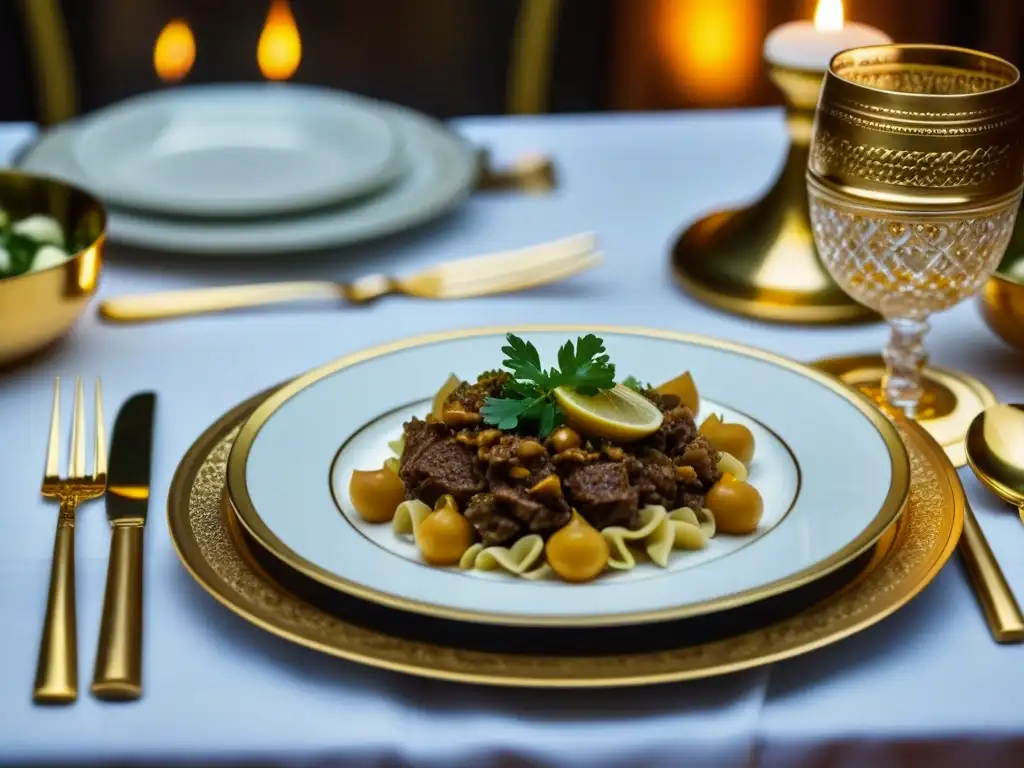 Una mesa decorada con lujo, llena de exquisitas recetas históricas zar Nicolás II, iluminada por velas