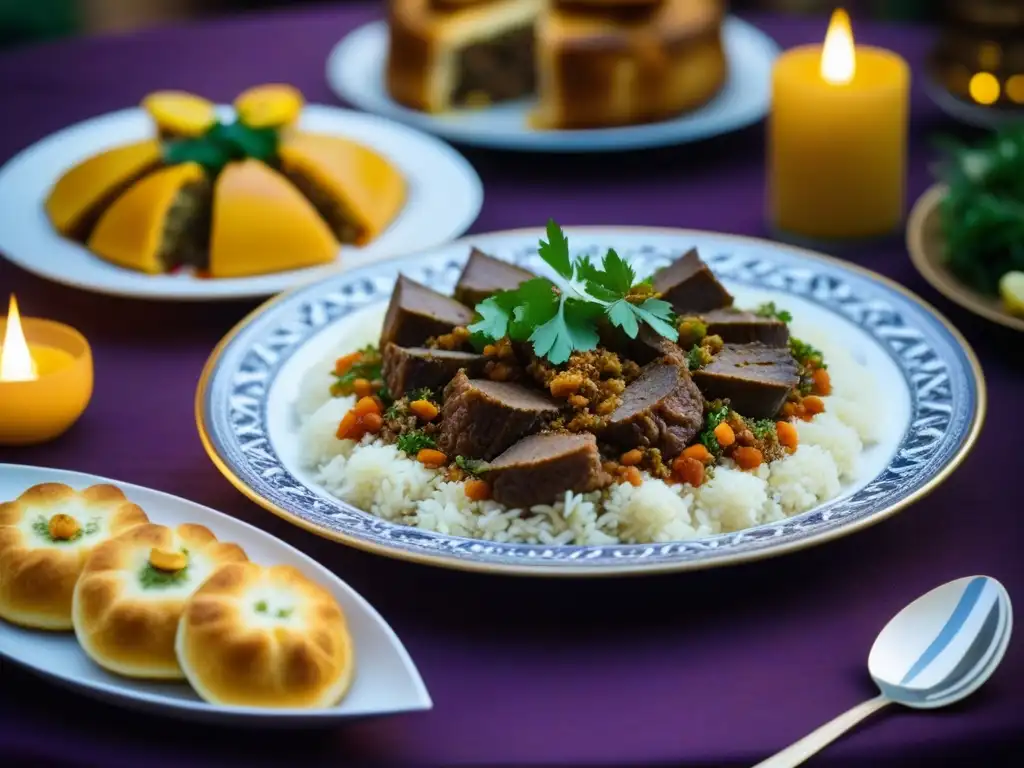 Una mesa decorada con platos Abásidas: estofado de cordero, arroz con azafrán y pastelería, resaltando historia y tradición culinaria