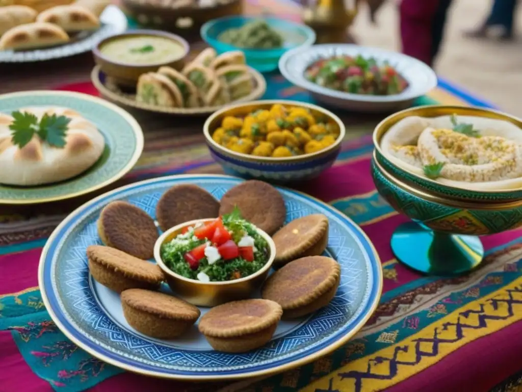 Una mesa ricamente decorada con platos de Oriente Medio rodeada de textiles vibrantes y mercado bullicioso