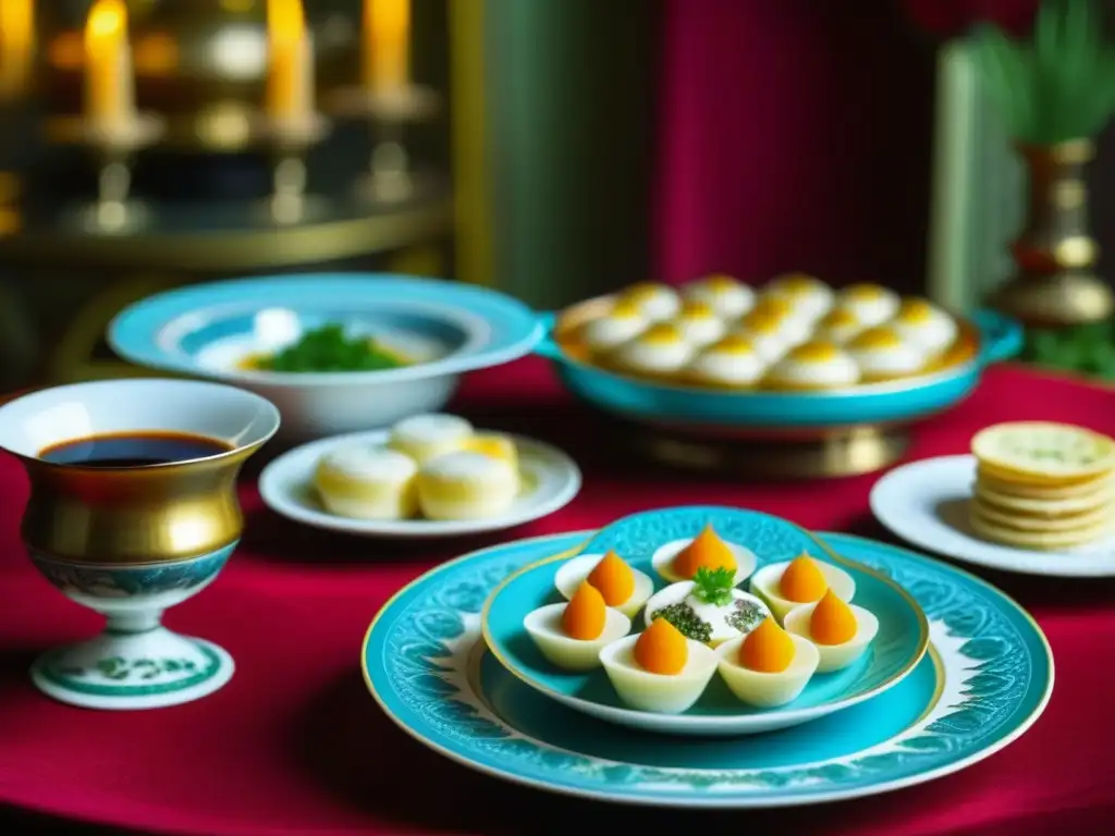 Una mesa decorada con platos tradicionales rusos como borsch, pelmeni y blini, destacando las influencias culinarias de Catalina la Grande