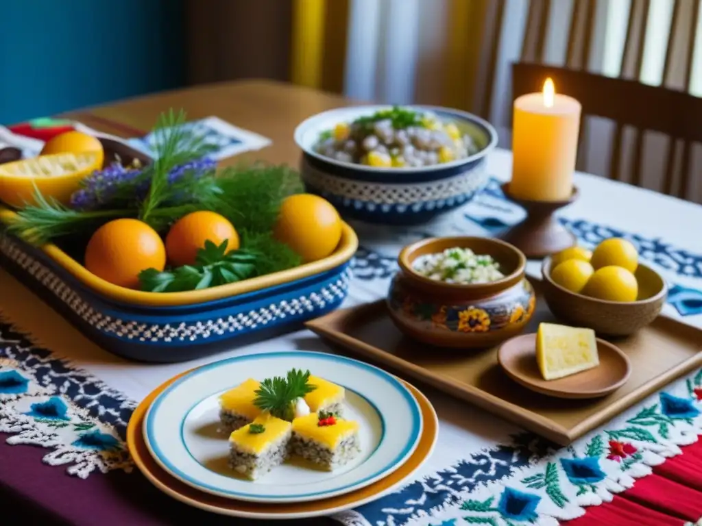 Mesa decorada con platos tradicionales de la cocina báltica, rodeada de arte folclórico y textiles bordados coloridos, en una atmósfera cálida que evoca la resistencia y riqueza cultural de la cocina báltica durante y después de la Unión Soviética