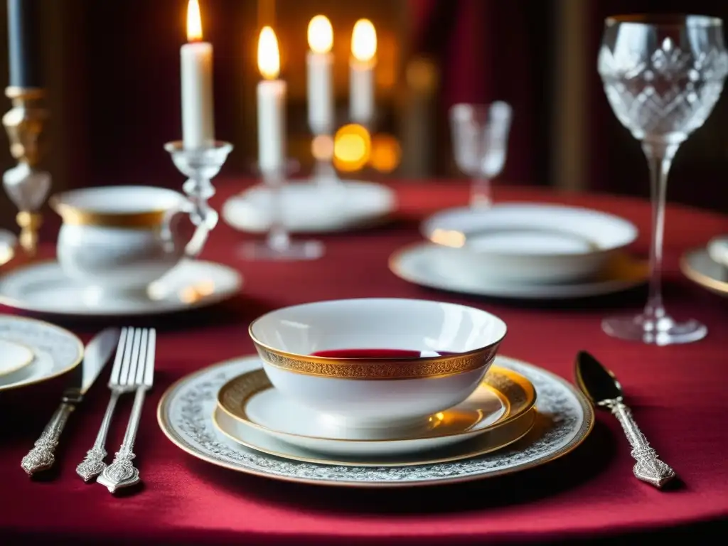 Una mesa decorada del siglo XVIII con vajilla de porcelana, cubiertos de plata y copas de cristal, iluminada por velas