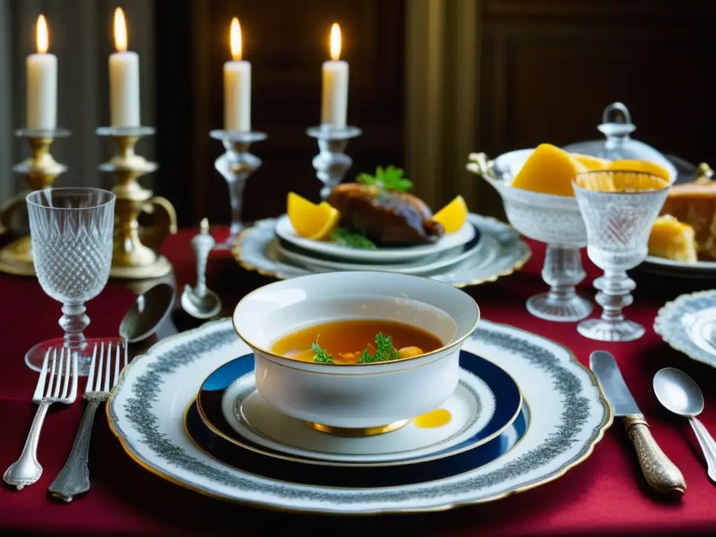 Una mesa exquisitamente decorada con vajilla y cubertería del siglo XVIII, resaltando la exquisitez de la cocina francesa de la época