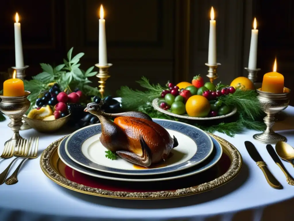 Una mesa lujosamente decorada con vajilla y platos exquisitos en un banquete al estilo de la cocina barroca recetas cinegéticas