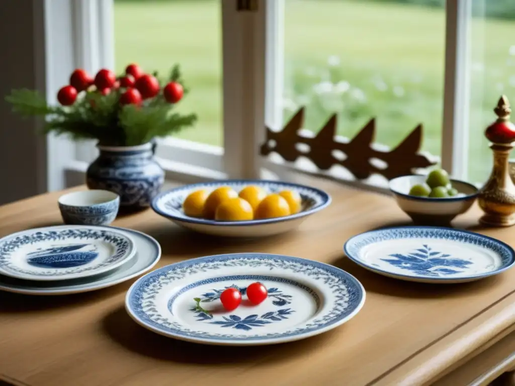 Una mesa escandinava con detalles tallados y vajilla antigua, resalta recetas históricas cocina escandinava