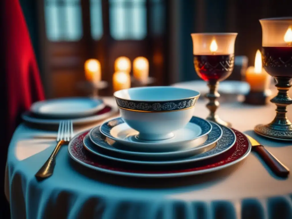 Una mesa elegante de la era colonial con vajilla de porcelana, cubiertos de plata y copas de cristal, todo bajo cálida luz de velas