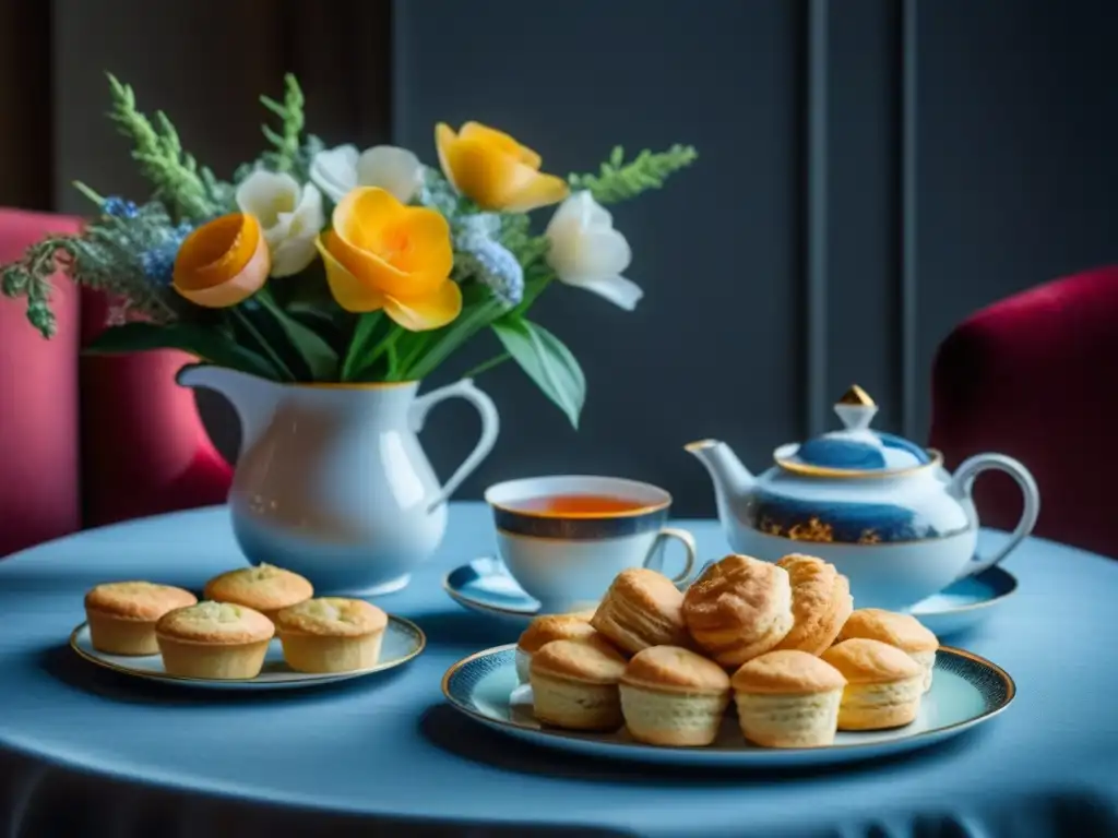 Una mesa elegante para el té de la tarde, con porcelana fina, pasteles y flores frescas