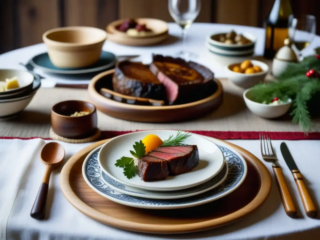 Una mesa escandinava con exquisitos platos de carne de caza, utensilios y decoración tradicional