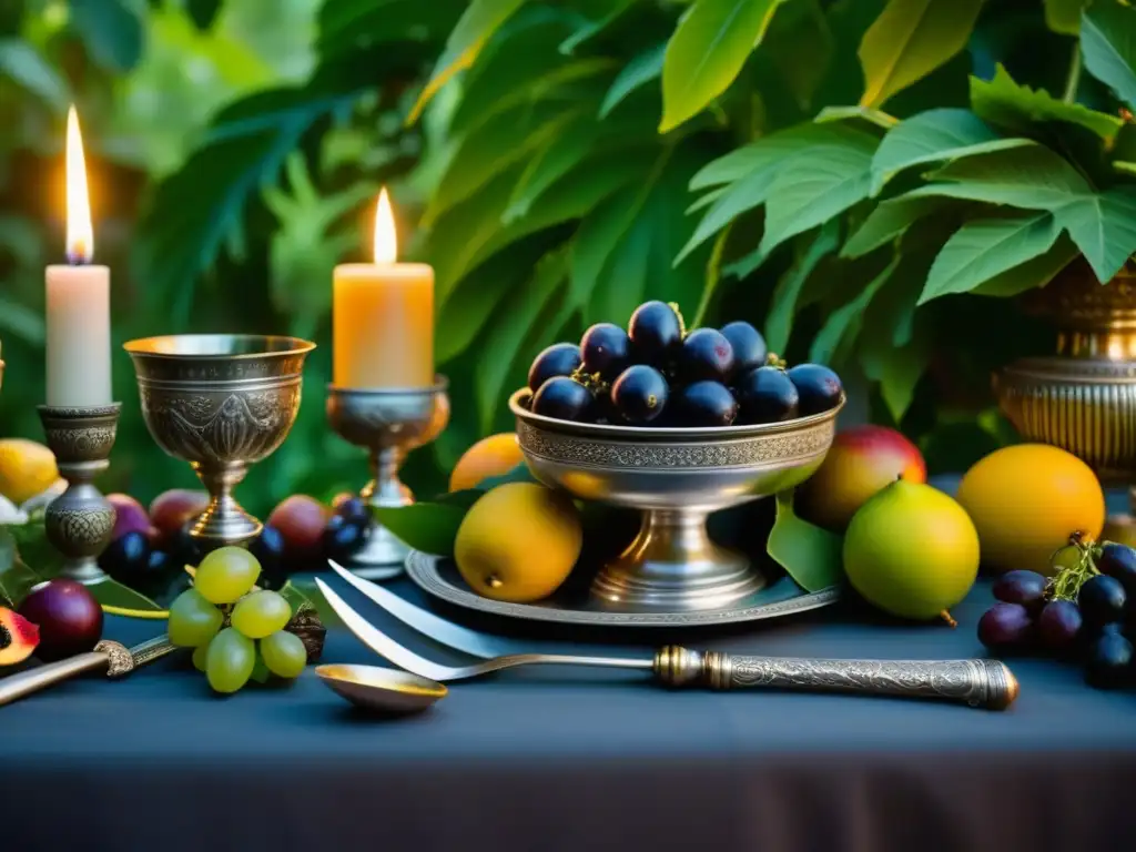 Una mesa de festín de la antigua Roma detalladamente decorada, resplandeciente en la luz de las velas y rodeada de vegetación exuberante