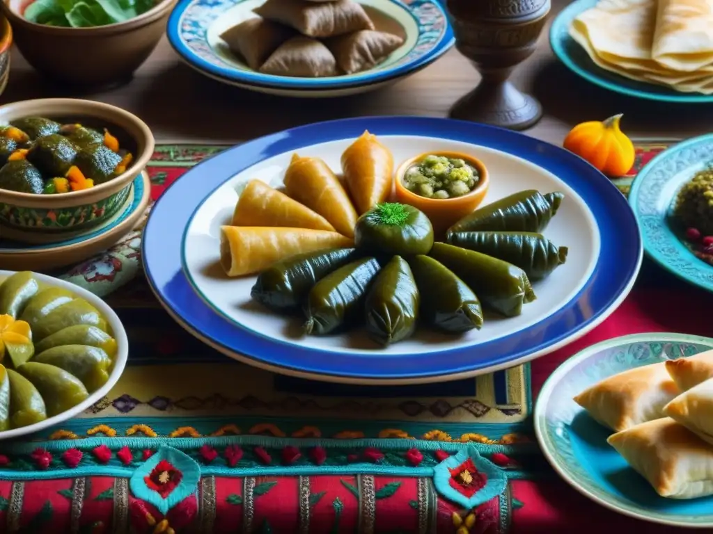 Una mesa festiva armenia con recetas históricas de dolma, khorovats y baklava, adornada con cerámica y textiles coloridos