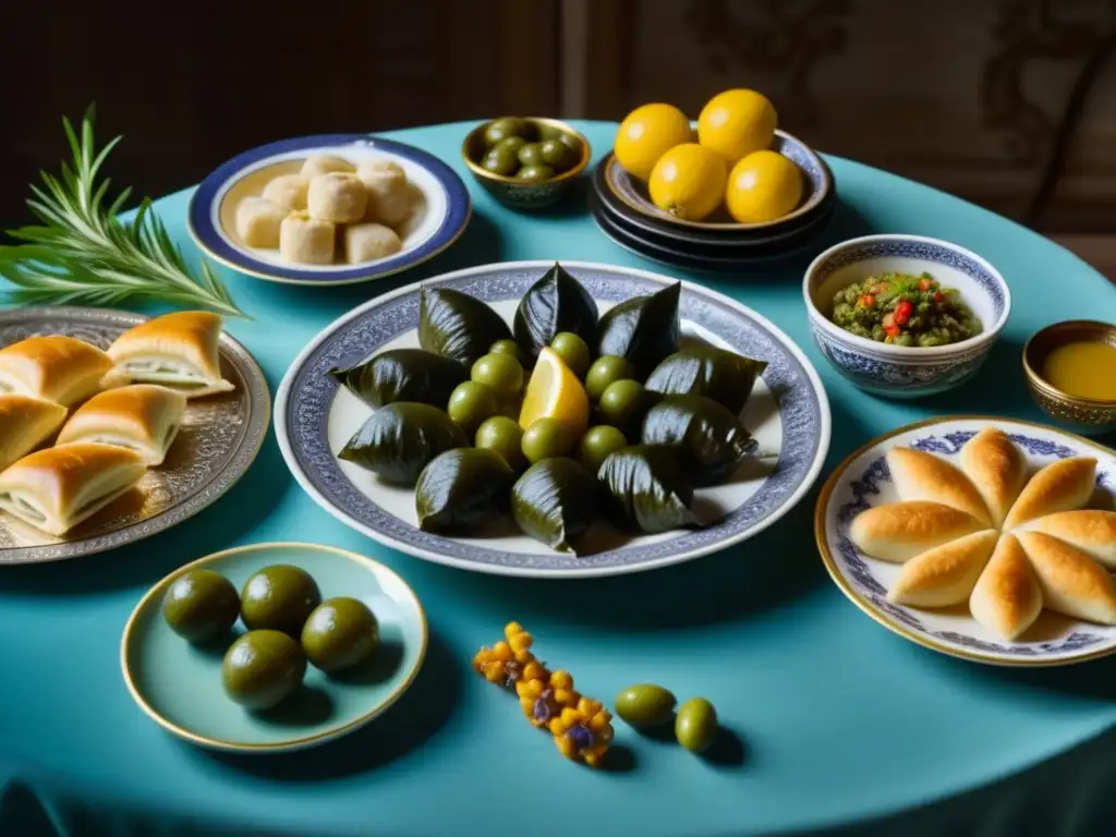 Una mesa festiva bizantina con platillos de la Dieta en Cuaresma Bizancio, adornada con vajilla ornamental y arreglos florales vibrantes