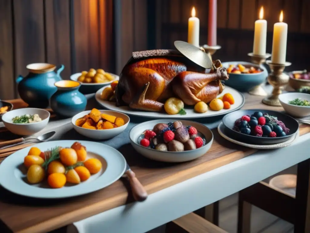 Una mesa festiva detallada con comidas nórdicas previkingas, decorada con pieles de animales y cascos vikingos