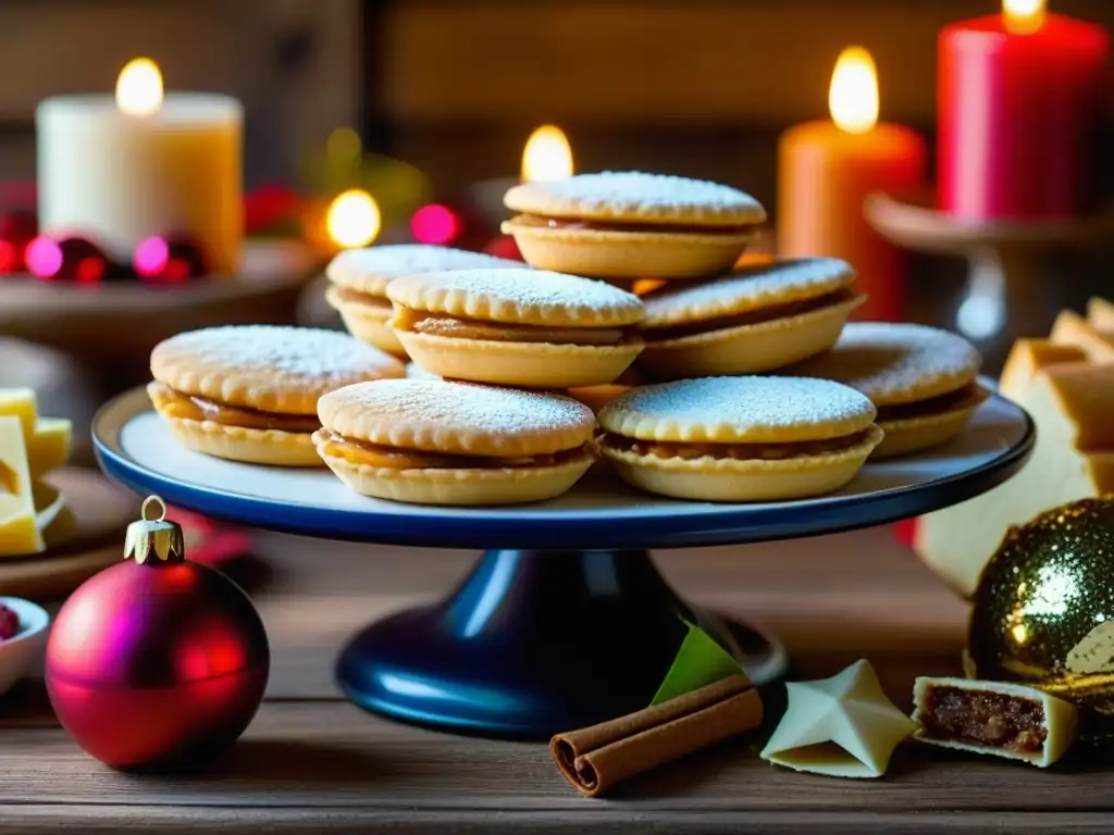 Una mesa festiva de postres navideños hispanoamericanos tradicionales con alfajores, tamales, panettone y buñuelos