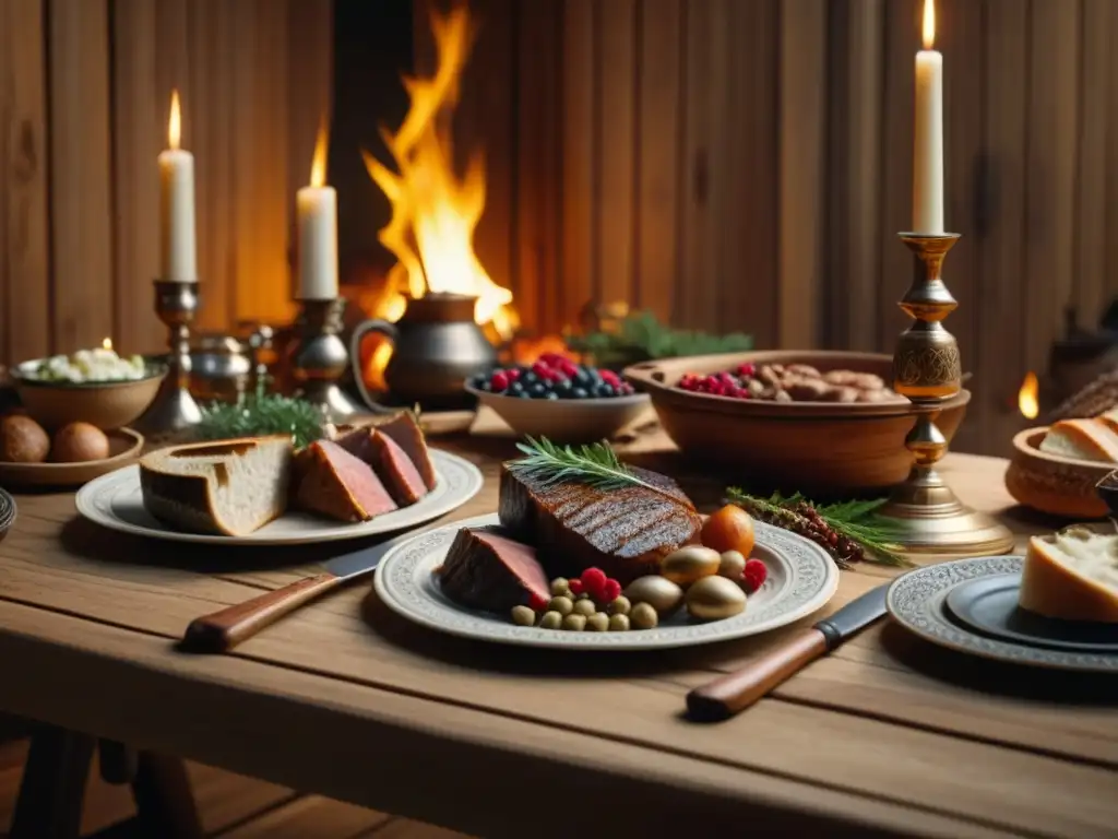 Una mesa festiva previkinga con detallados adornos de madera, vajilla plateada y manjares nórdicos
