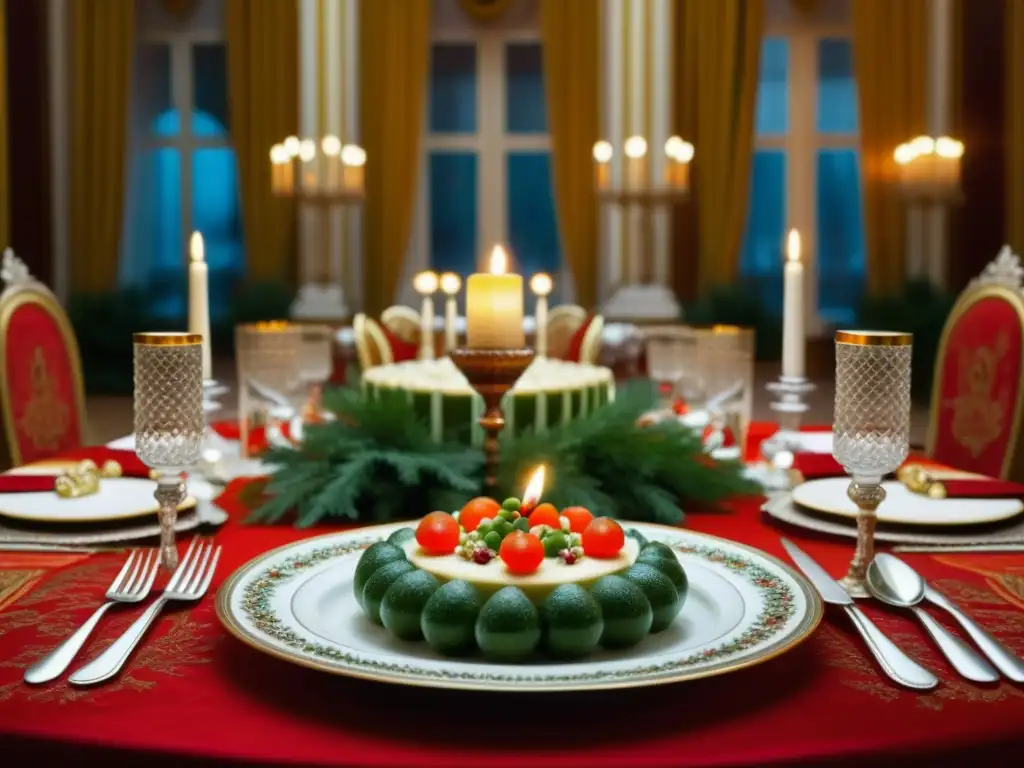 Una mesa festiva rusa bellamente decorada en un lujoso palacio, con platos tradicionales y cristalería, velas y ambiente de celebración tsarista