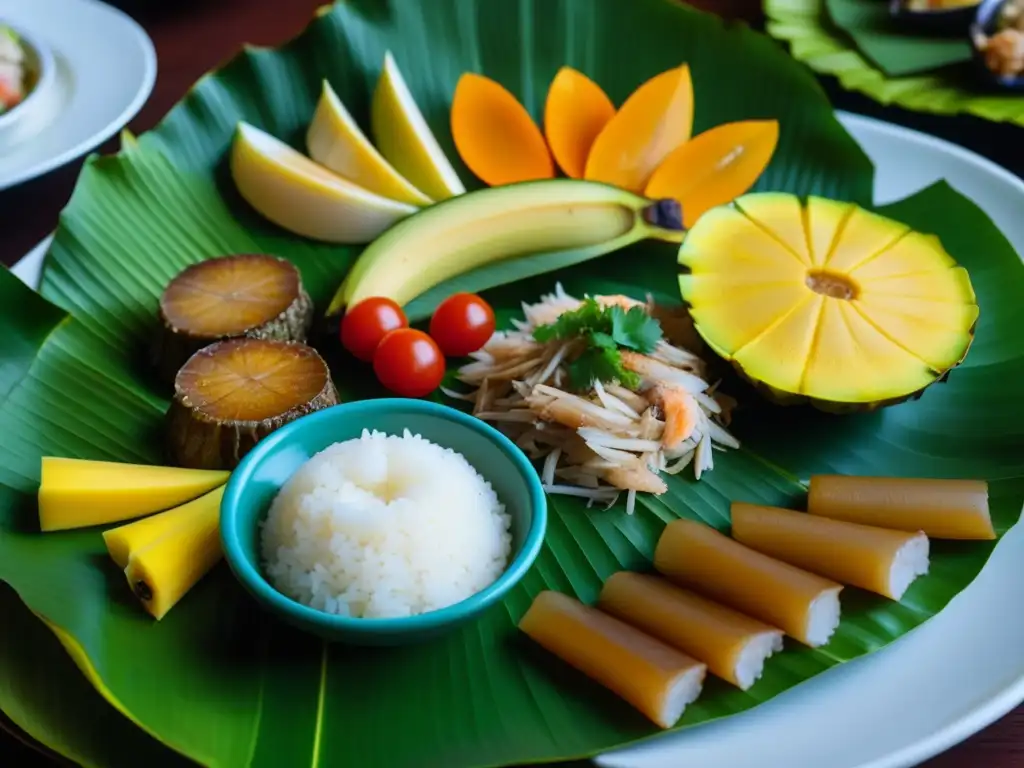 Una mesa Kamayan filipina llena de coloridos platos tradicionales, resaltando la historia culinaria de Filipinas