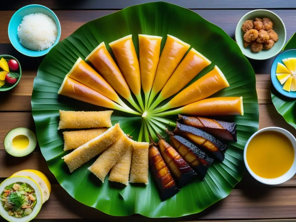 Una mesa kamayan filipina rebosante de colores y sabores tradicionales, que invita a sumergirse en la historia culinaria de Filipinas