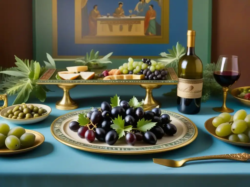 Una mesa griega antigua detallada, con comida y decoración opulentas, rodeada de una vibrante escena de festín griego