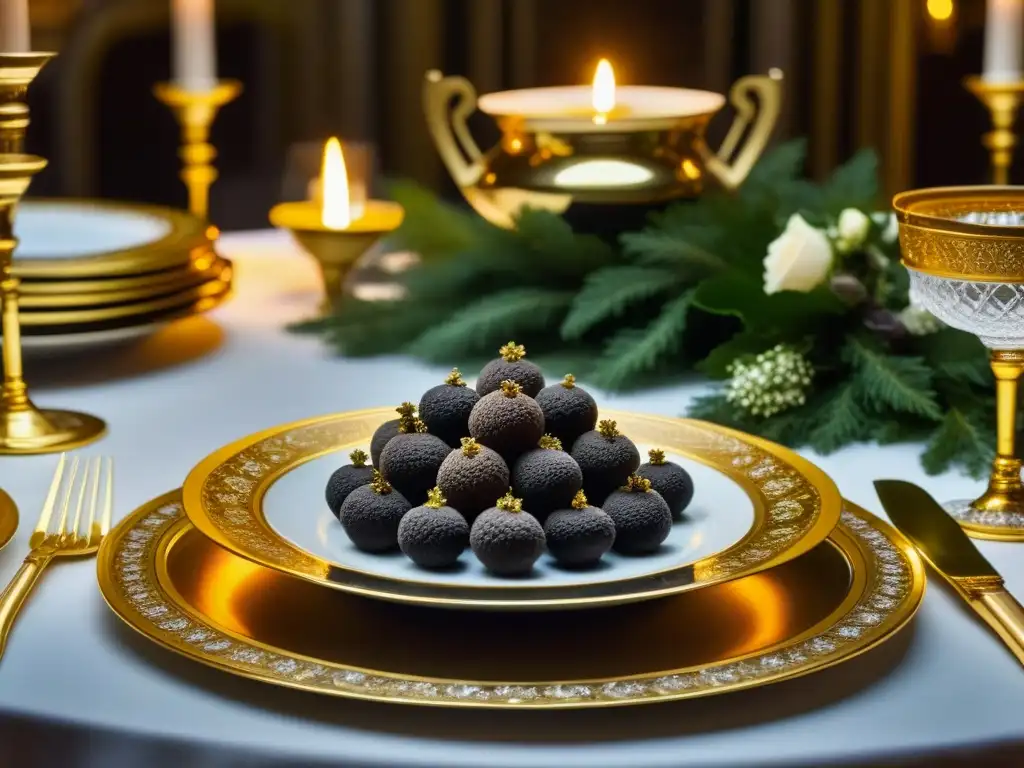 Una mesa imperial rusa llena de lujo, con trufas en un centro dorado rodeadas de cristal y detalles opulentos