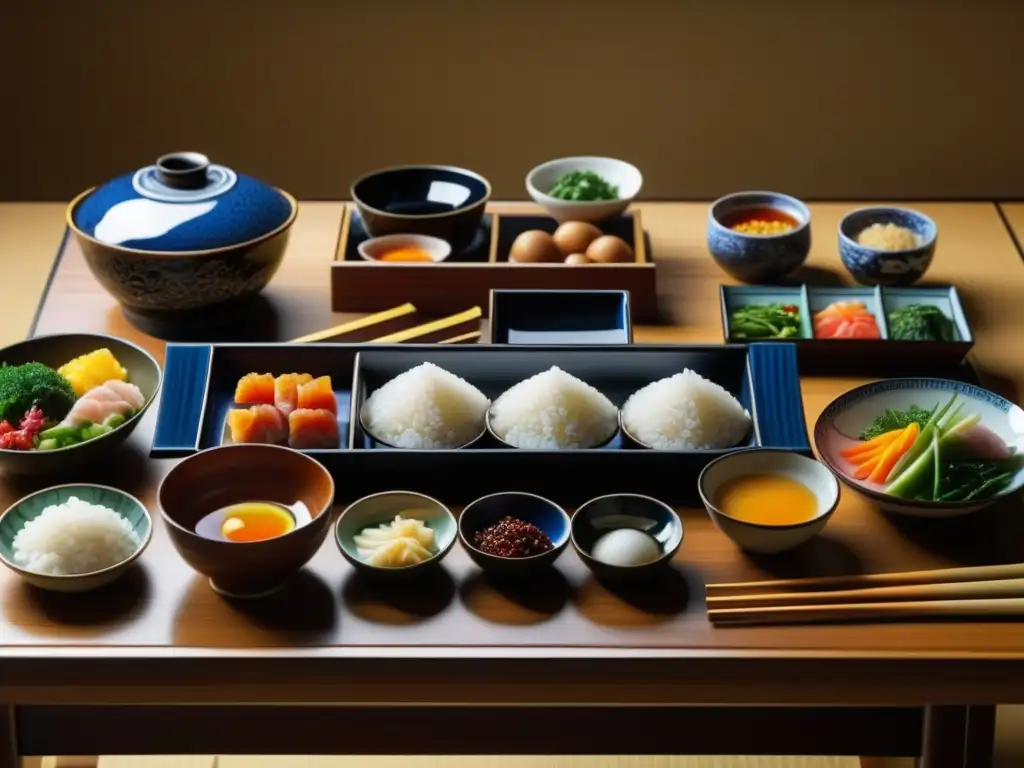 Una mesa japonesa detallada con ingredientes de la cocina samurái en auténticos recipientes de cerámica y madera