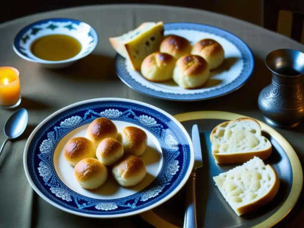 Una mesa medieval judía europea legado con platos tradicionales y cubiertos antiguos