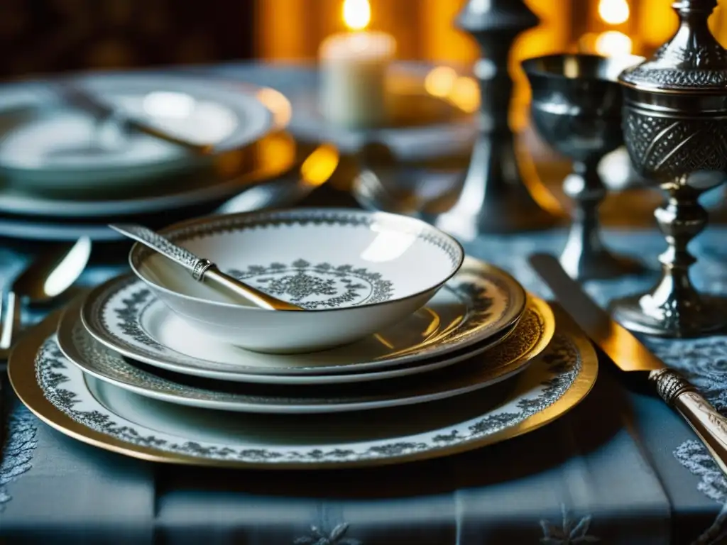 Una mesa llena de cubiertos de plata antigua, vajilla de porcelana delicada y copas de cristal, sobre un mantel bordado