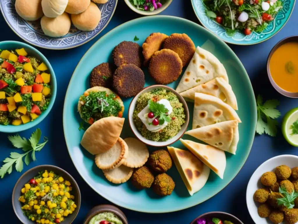 Una mesa llena de exquisitos platos de Oriente Medio, resaltando la historia culinaria de la región con sabores y colores vibrantes