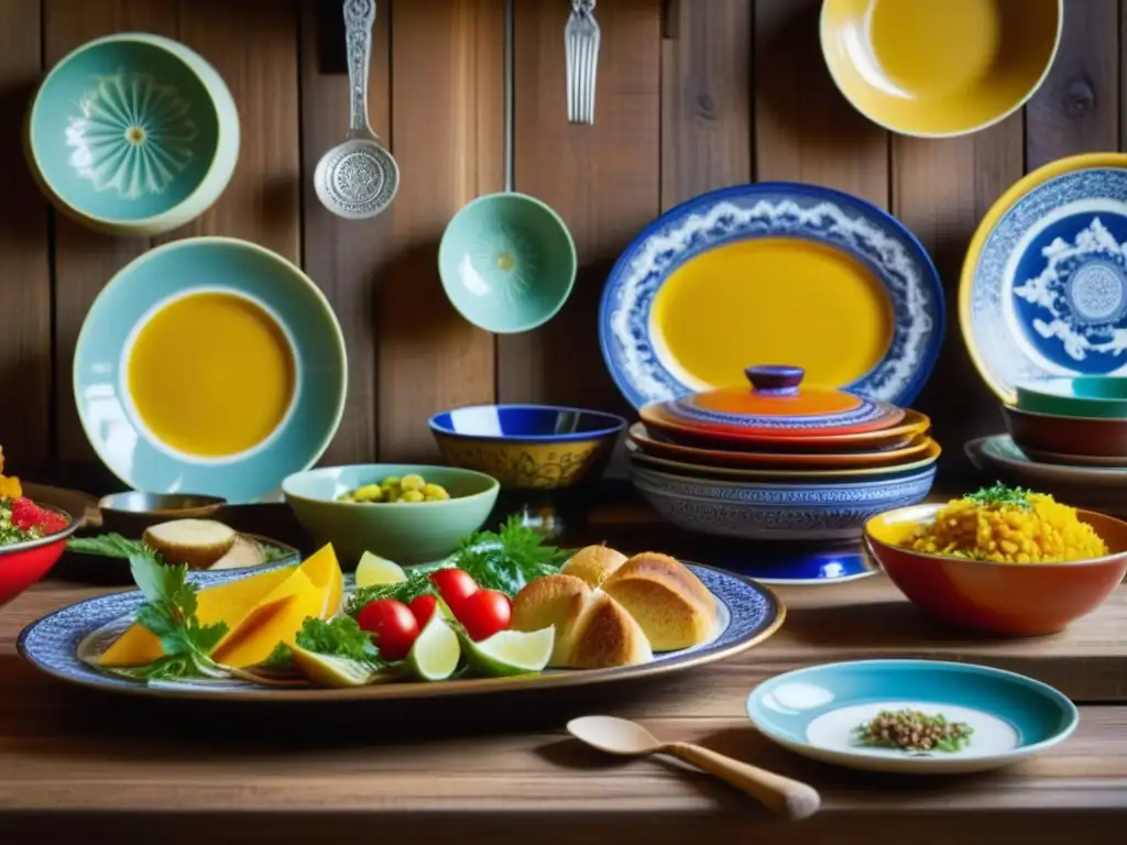 Exquisita mesa histórica: viaje culinario global Una mesa llena de recetas históricas de diferentes culturas y épocas, bellamente presentadas en un ambiente cálido y acogedor