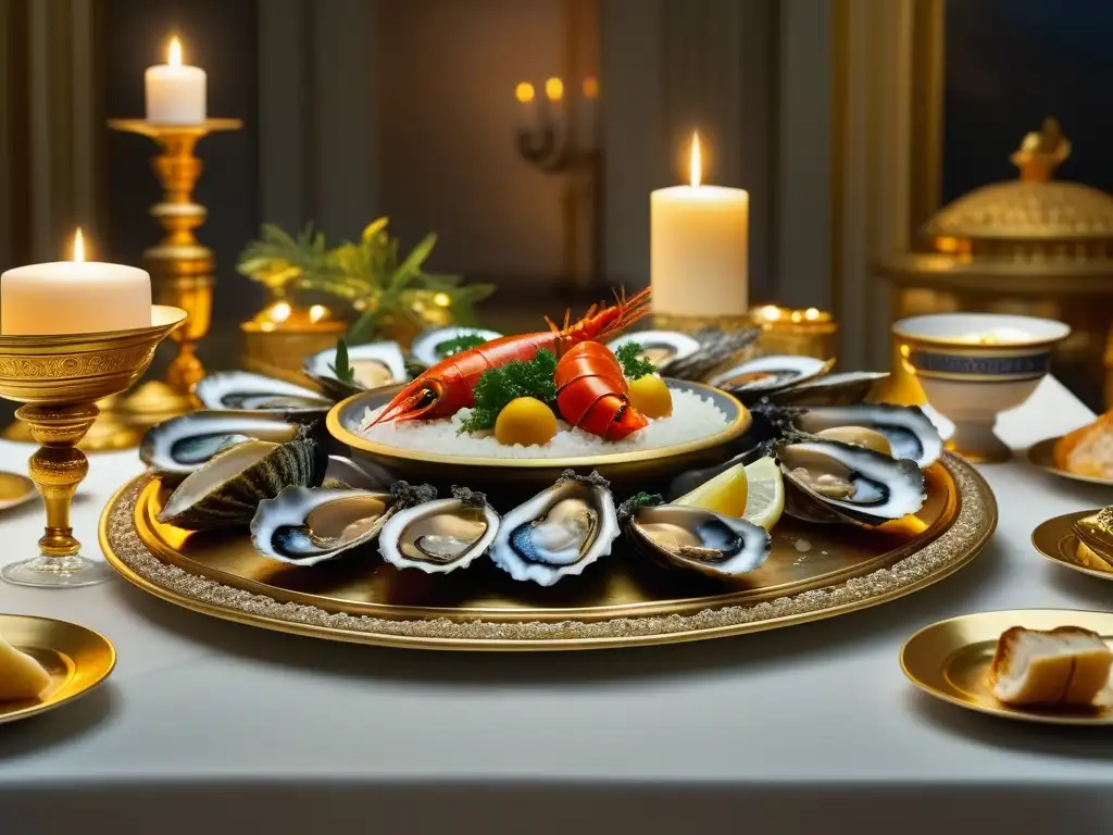 Una mesa lujosa de banquete en la antigua Grecia con mariscos exquisitos y decoración dorada, iluminada por velas