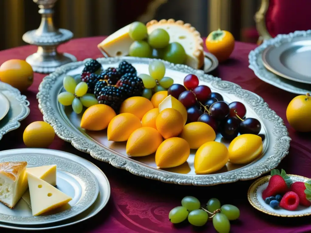 Una mesa lujosa de banquete en un palacio francés barroco, con frutas, quesos y pasteles en detalle, destacando la nutrición en la dieta barroca