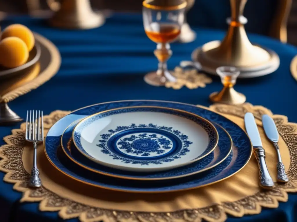 Una mesa lujosa de comedor con platos de porcelana barroca francesa, rodeados de cubiertos de plata antigua y cristalería, iluminados por candelabros