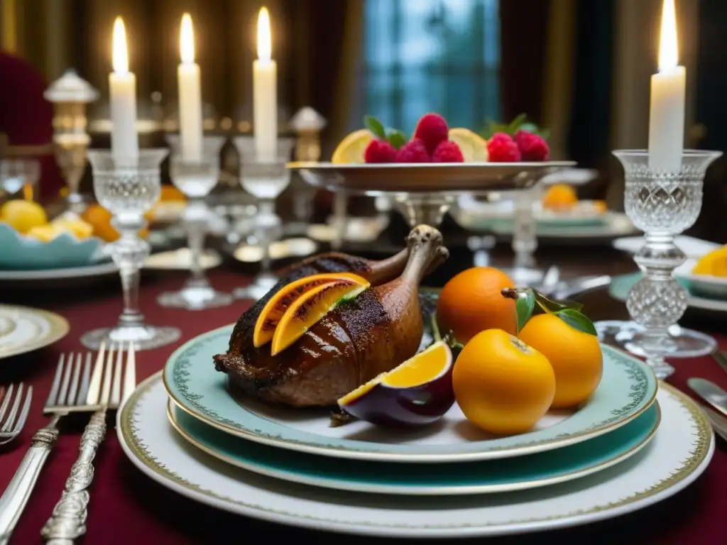 Una mesa lujosa con cubiertos, platos y copas de cristal, iluminada por velas