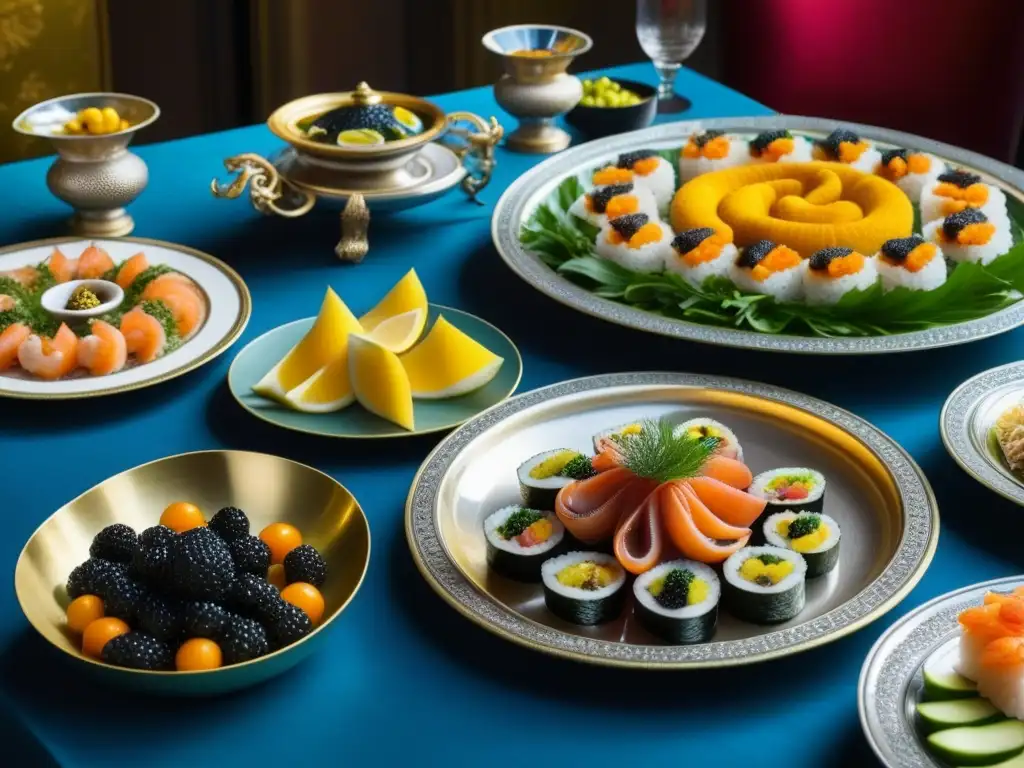 Una mesa lujosa con platos de mariscos de imperios históricos: garum romano, caviar persa, pulpo griego, paella española y sushi japonés