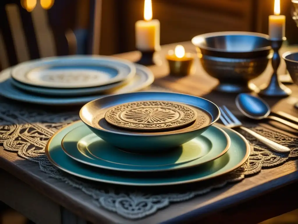 Una mesa de madera antigua de la Gran Depresión adornada con vajilla vintage y luz de velas, evocando cenas comunitarias