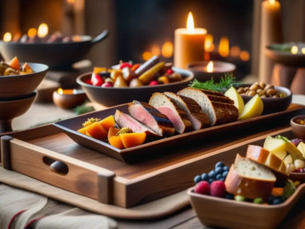 Una mesa de madera antigua llena de comidas festivas nórdicas previkingas, con detalles detallados y cálida luz de velas