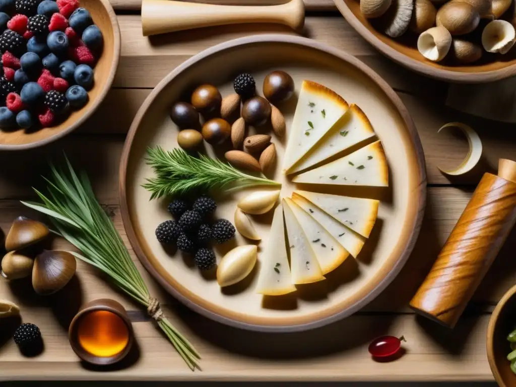 Una mesa de madera antigua repleta de alimentos preVikingos, con gran detalle