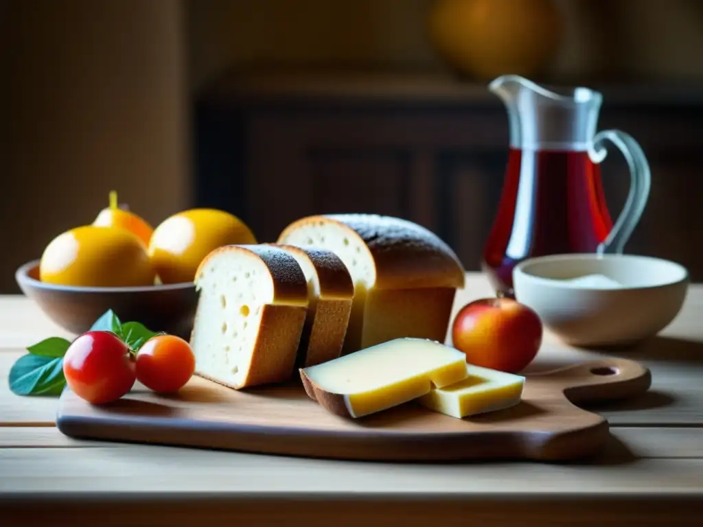 Una mesa de madera elegantemente decorada con alimentos benedictinos en la historia, iluminada por una cálida luz natural