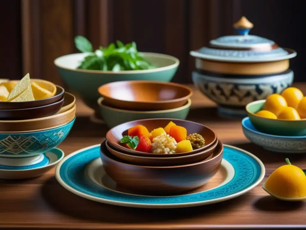 Exquisita variedad de platos culturales en mesa de madera Una mesa de madera exquisitamente decorada con platos históricos culturalmente relevantes, resaltando su diversidad y exquisitez