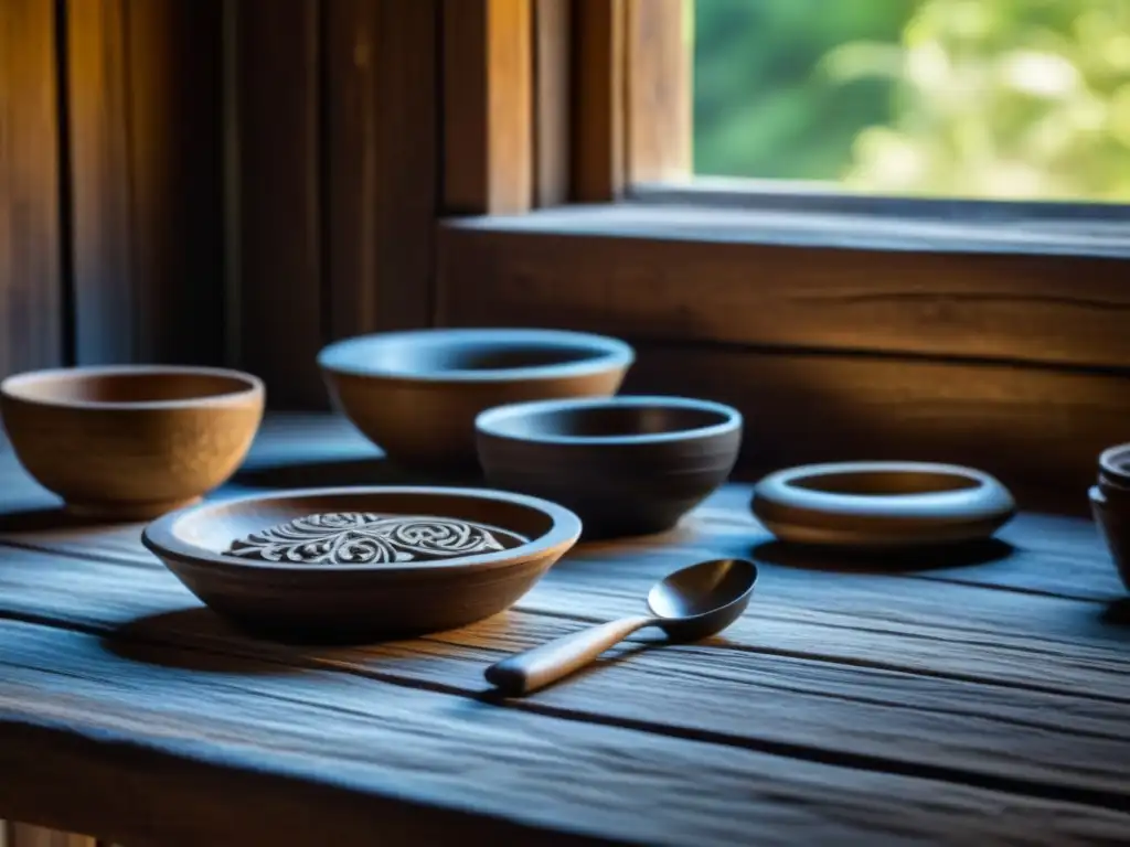 Una mesa de madera envejecida de la Edad Media con tallados de escenas agrícolas y utensilios rústicos, iluminada por luz natural