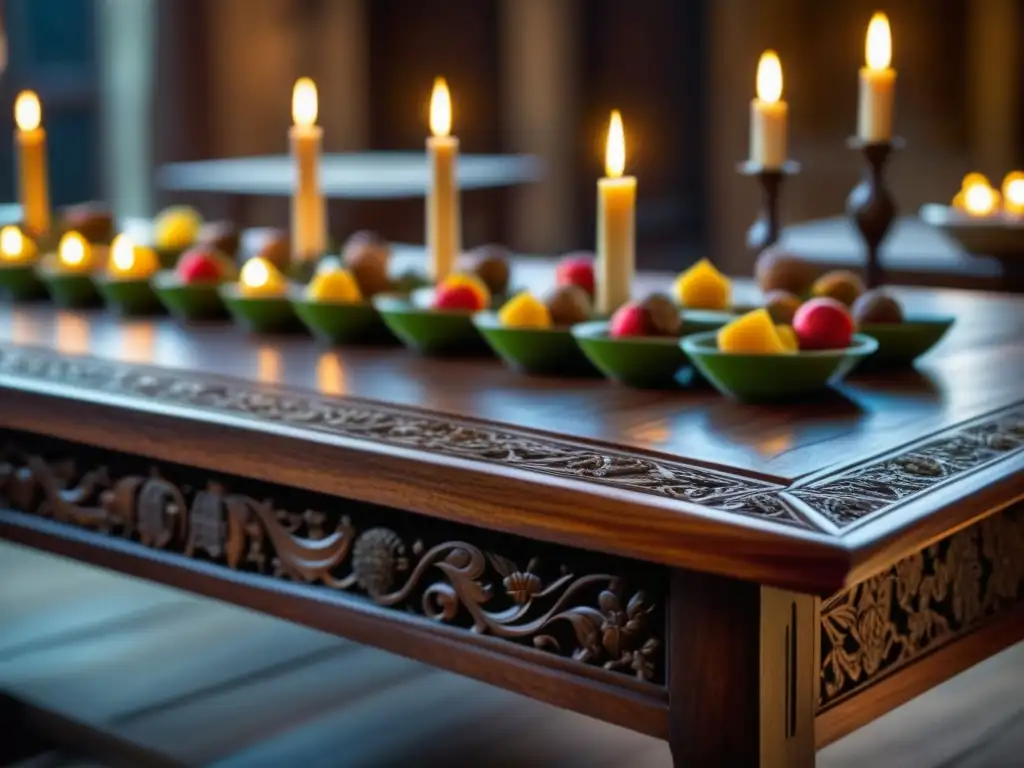 Una mesa de madera medieval ricamente decorada con escenas de banquetes