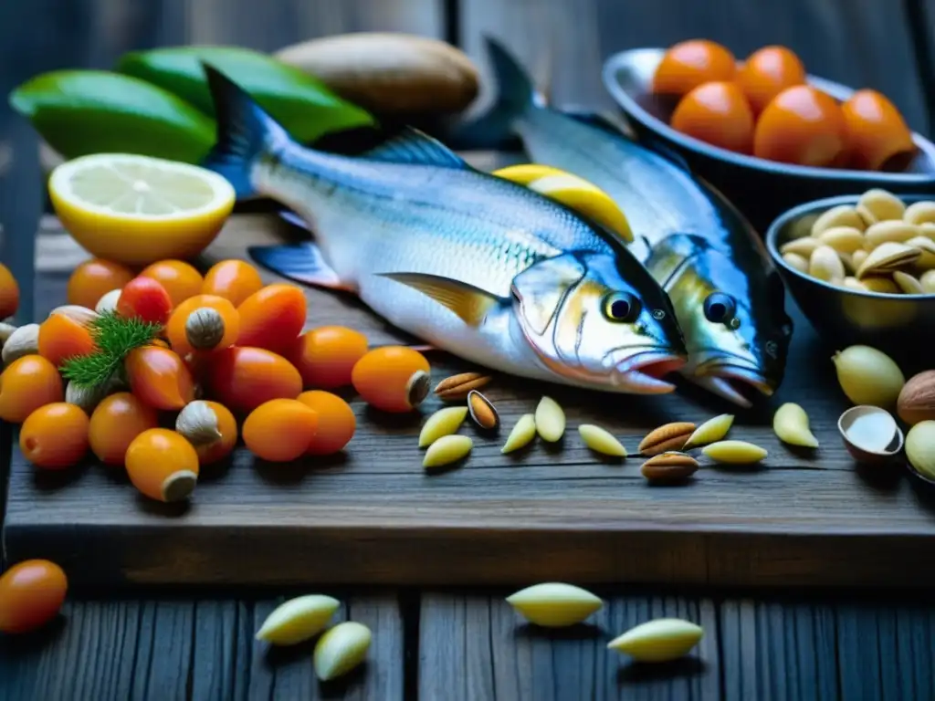 Una mesa de madera rústica con alimentos marítimos: pescado fresco, mariscos, frutos secos y semillas