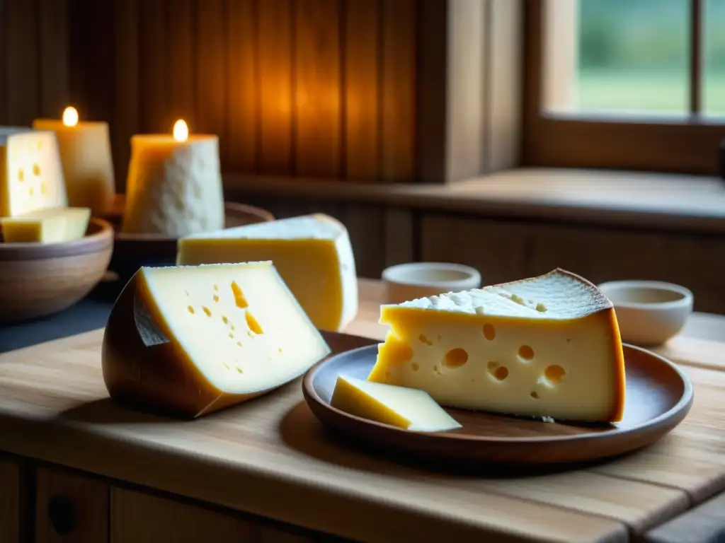 Una mesa de madera rústica en una cocina nórdica, con lácteos envejecidos, leche fresca y mantequilla cremosa