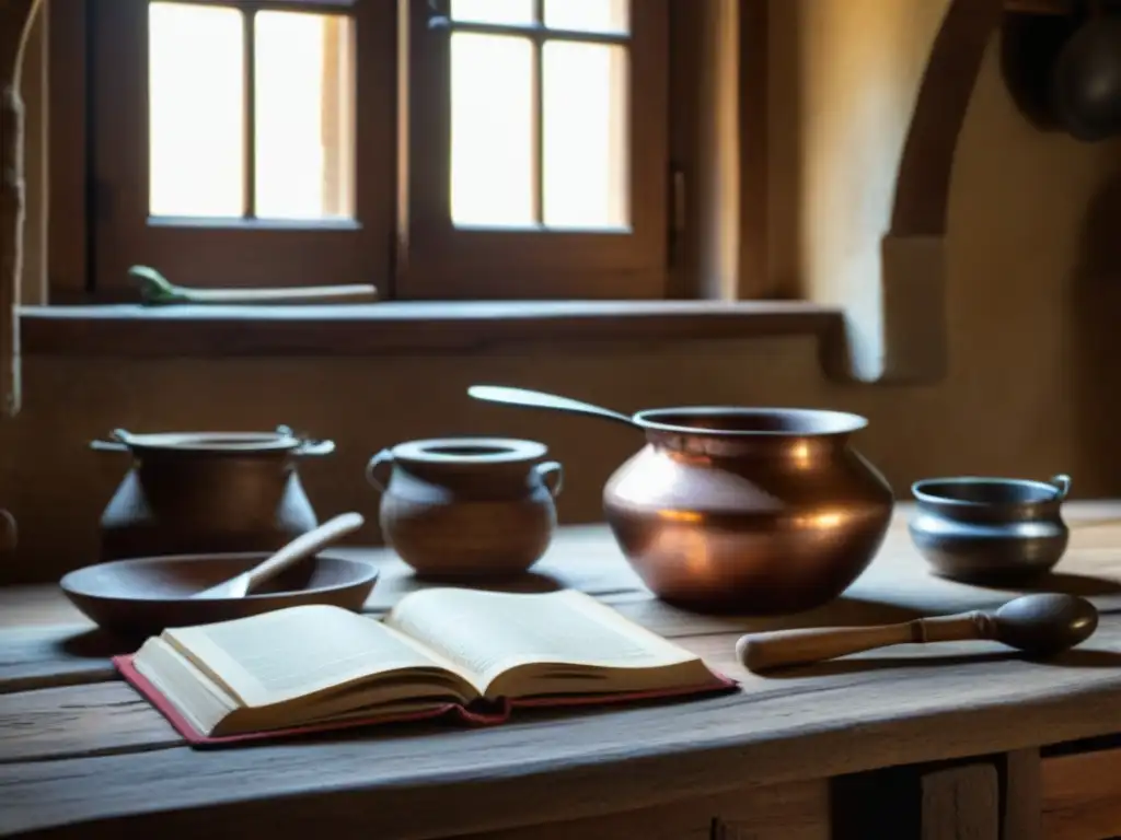 Una mesa de madera rústica en una cocina medieval toscana, con utensilios de cocina tradicionales y libros de recetas antiguos