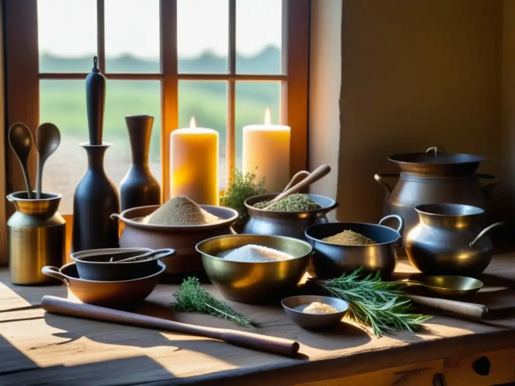 Una mesa de madera rústica decorada con utensilios de cocina antiguos y ingredientes, iluminada por la cálida luz del sol