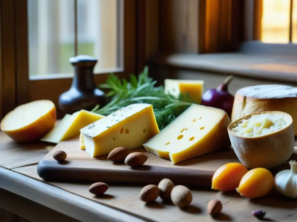 Una mesa de madera rústica decorada con ingredientes medievales europeos, evocando recetas históricas Europa medieval