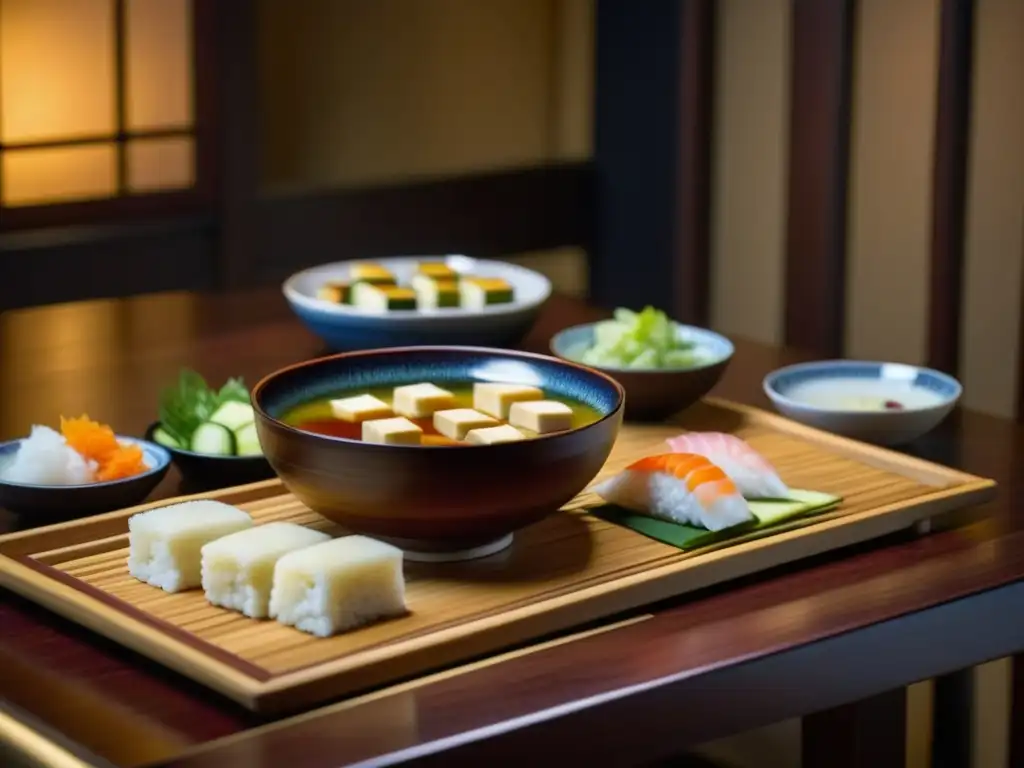 Una mesa de madera rústica en una habitación tenue, con comida tradicional de la Era Edo: sopa de miso con tofu y sushi elaborado