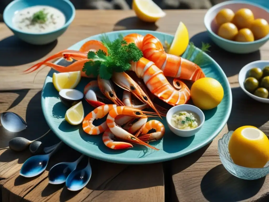 Una mesa de madera rústica junto al mar, repleta de mariscos frescos