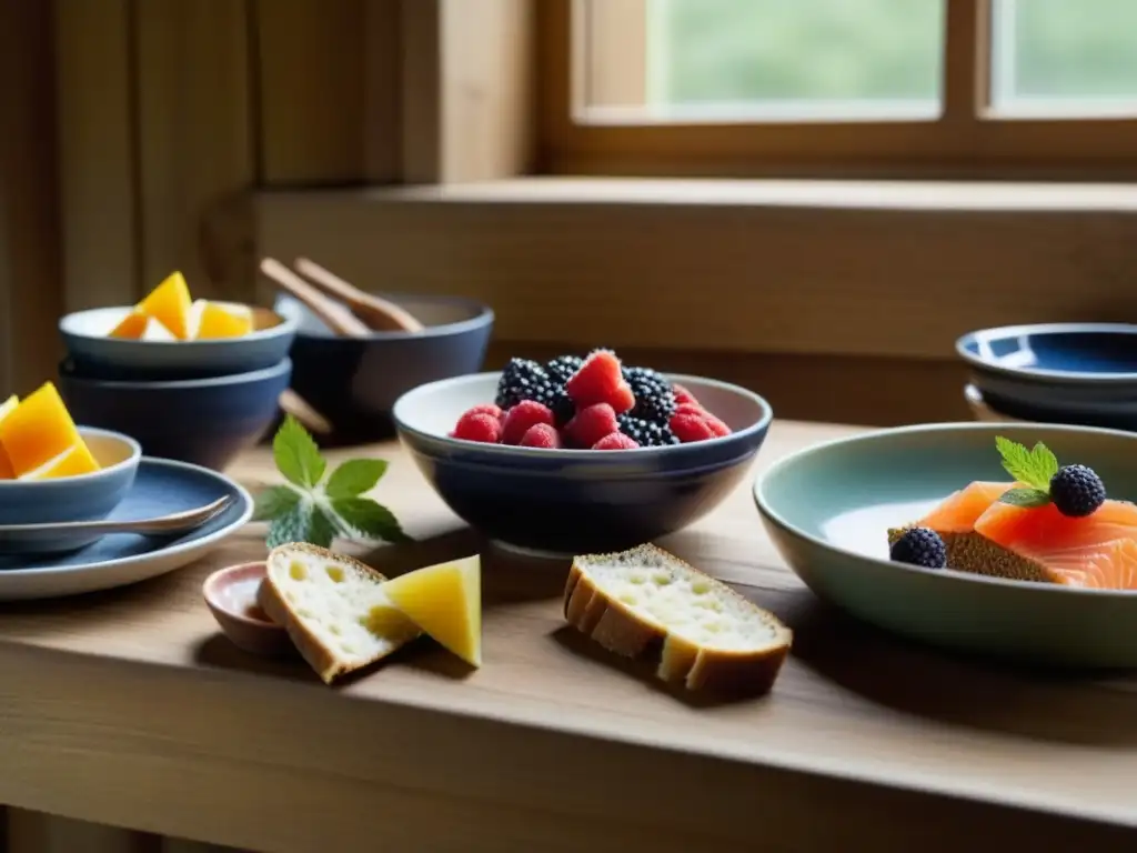 Una mesa de madera rústica llena de ingredientes nórdicos tradicionales, evocando vitalidad y recetas históricas