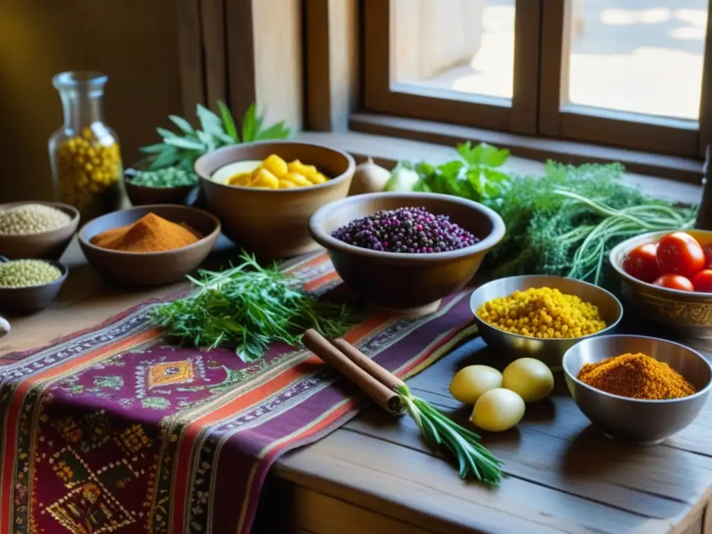 Una mesa de madera rústica llena de ingredientes coloridos y exóticos para Recetas históricas campesinas bizantinas