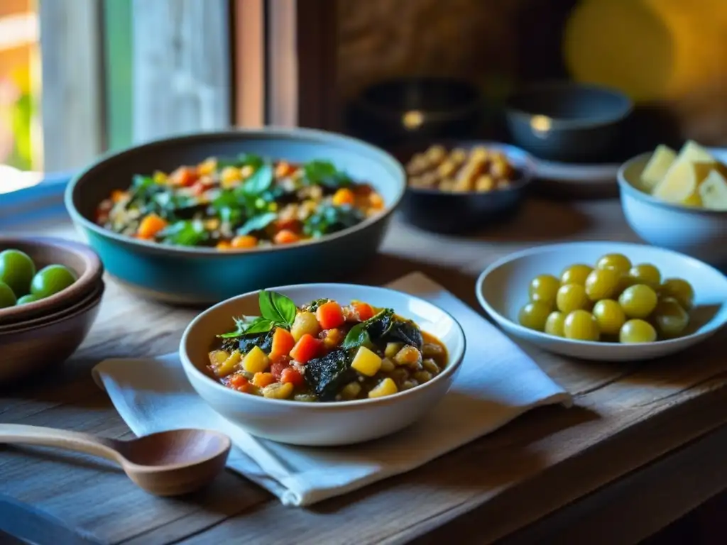 Una mesa de madera rústica con platos de Recetas históricas Toscana medieval resaltando texturas y colores vibrantes